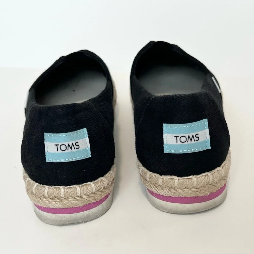 Toms Black Espadrille Platform Slip-Ons with Natural Jute Trim